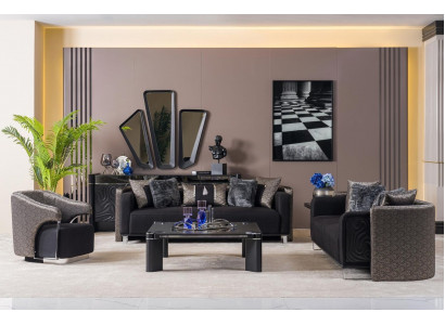 Sofagarnitur 3+3+1 Sitzer Wohnzimmer Set Komplett Textil Sofa Sessel Holz Neu