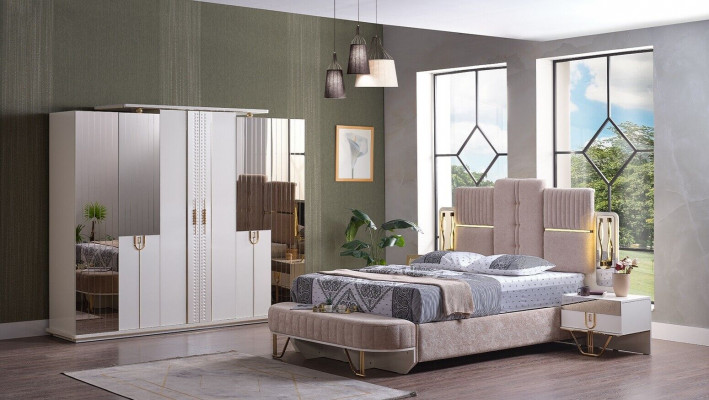 Luxus Schlafzimmer Set 5 tlg. Bett 2x Nachttische Kleiderschrank Bank Moderne