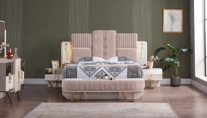 Luxus Schlafzimmer Set 5 tlg. Bett 2x Nachttische Kleiderschrank Bank Moderne