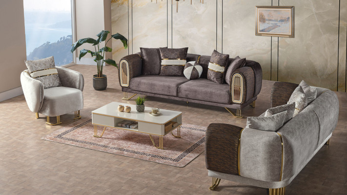 Sofagarnitur 3+3+1 Sitzer Wohnzimmer Set Komplett Textil Sofa Sessel Holz