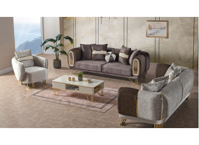 Sofagarnitur 3+3+1 Sitzer Wohnzimmer Set Komplett Textil Sofa Sessel Holz