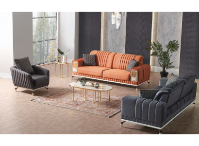 Sofagarnitur 3+3+1 Sitzer Textil Holz Sofa 3 Sitzer Modern Sessel Komplett Set