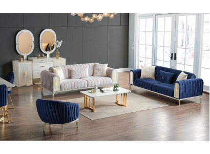 Sofagarnitur 3+3+1 Sitzer Wohnzimmer Set Komplett Textil Sofa Sessel Holz Blau