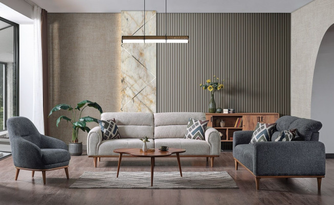 Sofagarnitur 3+3+1 Sitzer Wohnzimmer Set Komplett Textil Holz Sofa Sessel Neu