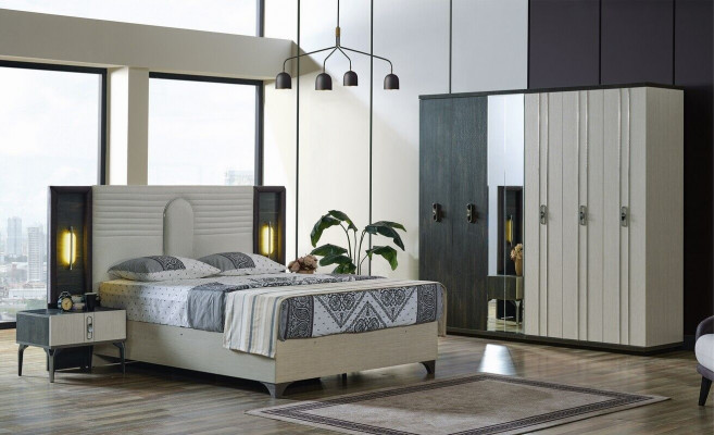 Luxus Schlafzimmer Set 4 tlg. Bett 2x Nachttische Kleiderschrank Beige