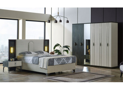 Luxus Schlafzimmer Set 4 tlg. Bett 2x Nachttische Kleiderschrank Beige