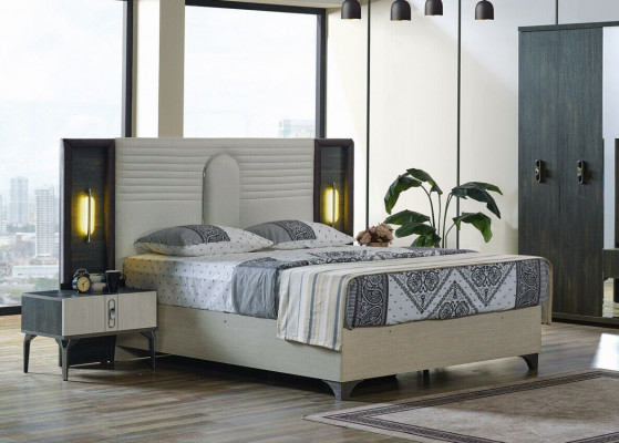 Luxus Schlafzimmer Set 4 tlg. Bett 2x Nachttische Kleiderschrank Beige