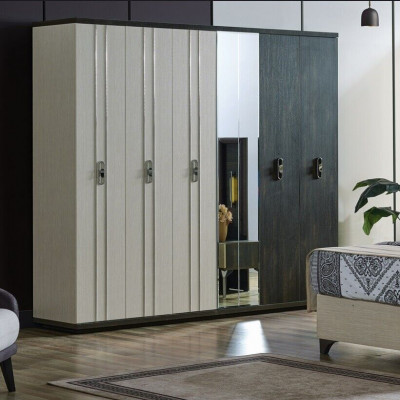 Luxus Schlafzimmer Set 4 tlg. Bett 2x Nachttische Kleiderschrank Beige