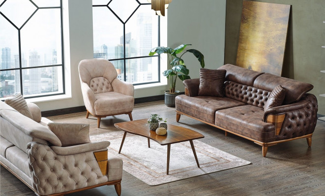 Sofagarnitur 3+3+1 Holz Wohnzimmer Luxus Sofa Chesterfield Stoff Neu Komplett