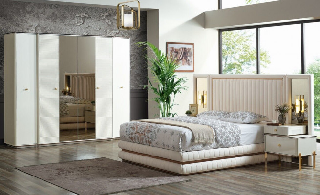 Schlafzimmer Set Bett 2x Nachttische Kleiderschrank Design Möbel 4 tlg. Beige