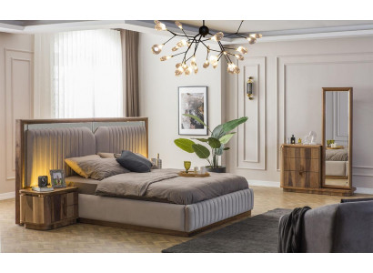 Modernes Schlafzimmer Set Bett + 2x Nachttische + Kommode mit Spiegel Modern