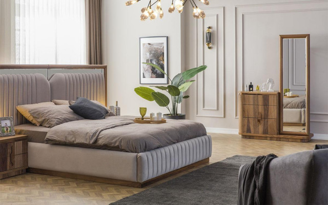 Modernes Schlafzimmer Set Bett + 2x Nachttische + Kommode mit Spiegel Modern