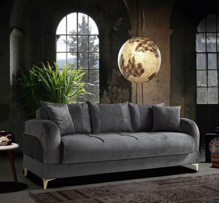 Graue Dreisitzer Couch Polster Möbel Couchen Stoff Sofas Textil mit Kissen