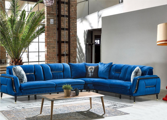 Blaues L-Form Polstersofa Designer Eckcouch Textil Bezug Wohn Sitzmöbel