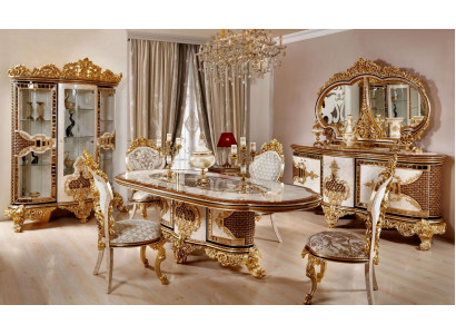 Luxuriöses Esszimmer Set Weiß-Gold Esstisch 4x Stühle Kommode 6tlg Möbel