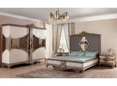 Weiß-Goldene Schlafzimmer Garnitur Doppelbett 2x Nachttische Schrank Set Bett