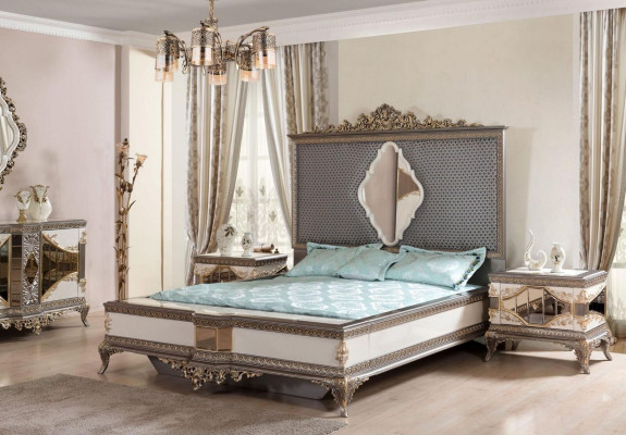 Klassische Graue Schlafzimmer Luxus Garnitur Doppelbett 2x Nachttische