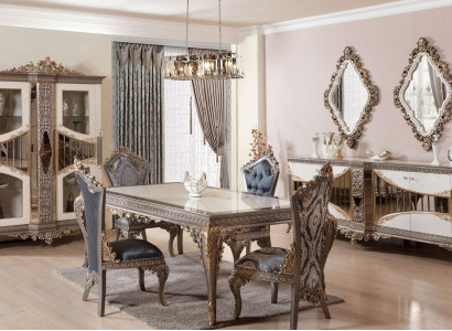 Weiß-Taupe Esszimmer Garnitur Esstisch Esszimmer Stühle Kommode Spiegel