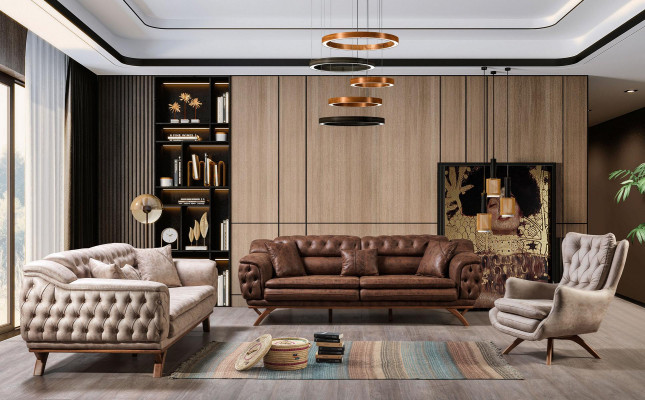 Sofagarnitur 3+3+1 Sitzer Möbel Set Design Sofas Kunstleder Chesterfield