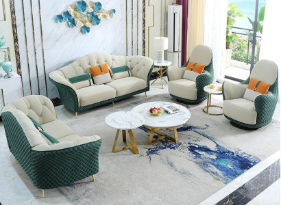 Sofagarnitur 3+2+1 Sitzer Leder Sofa Couch Garnitur Design Beige Grün