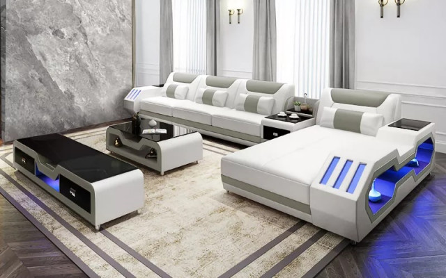 Ledersofa Led Beleuchtete Designer Eckcouch Polster Eckgarnitur Sofa 2tlg