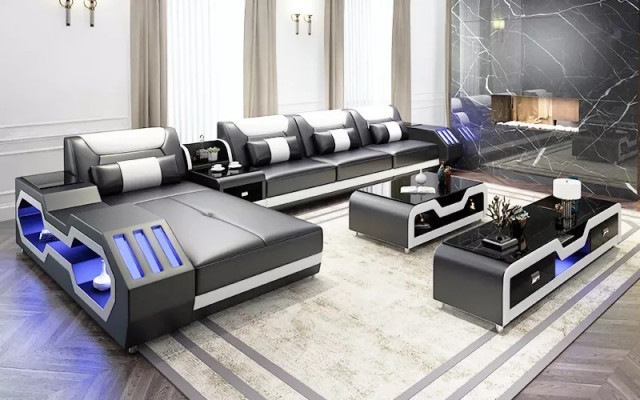 Ledersofa Led Beleuchtete Designer Eckcouch Polster Eckgarnitur Sofa 2tlg