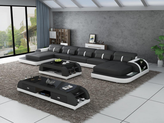 Ecksofa Ledersofa mit usb Big U Form Wohnlandschaft Sofa Couch Garnitur led neu