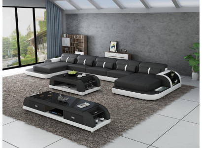 Ecksofa Ledersofa mit usb Big U Form Wohnlandschaft Sofa Couch Garnitur led neu