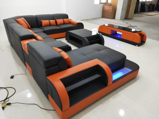 Wohnlandschaft u Form Ledersofa Polster Ecksofa Sofa Couch Leder Textil usb neu
