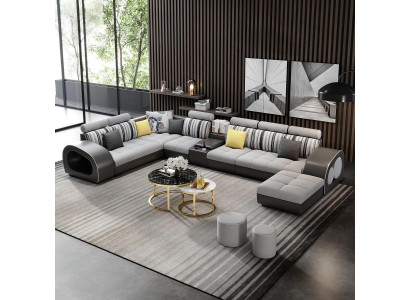 Ledersofa Sofa mit USB Couch Designersofa U Form Eckgarnitur Polsterecke Big neu