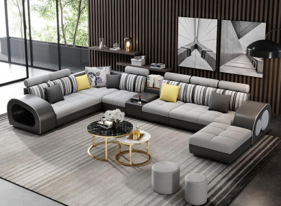 Ledersofa Sofa mit USB Couch Designersofa U Form Eckgarnitur Polsterecke Big neu