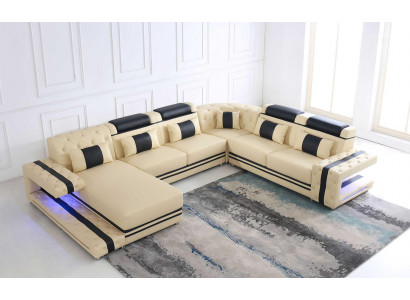Leder Polster Sitz Design Modern Eck Garnitur Sofa Wohnlandschaft U Form USB LED
