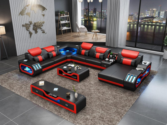 Design Big Sofa mit USB Ecksofa Couch Wohlandschaft U Form Leder Textil Ecke