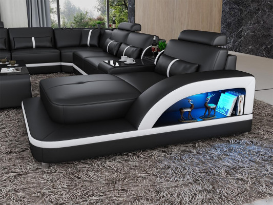 Ecksofa Schwarz mit Couchtisch 2tlg. Wohnzimmer Ledersofa Set Eckgarnitur Tisch
