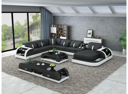 Garnitur Design Wohnlandschaft Ecksofa Sofa Couch U-Form Tisch Leder 2tlg. sets