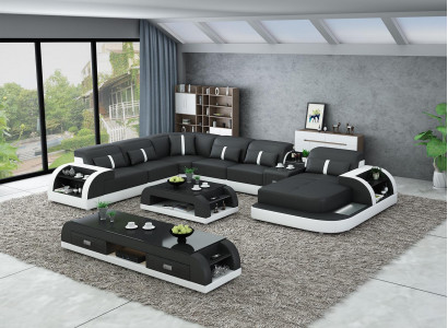 Garnitur Design Wohnlandschaft Ecksofa Sofa Couch U-Form Tisch Leder 2tlg. sets