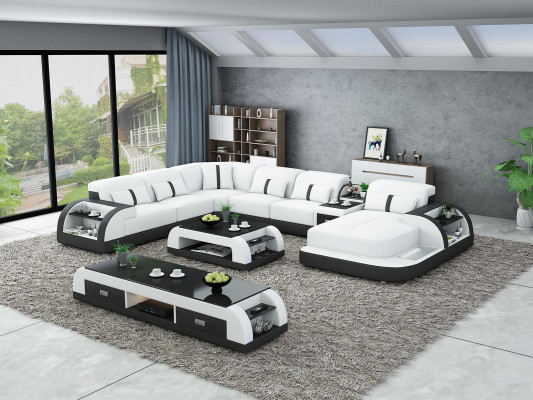 Garnitur Design Wohnlandschaft Ecksofa Sofa Couch U-Form Tisch Leder 2tlg. sets
