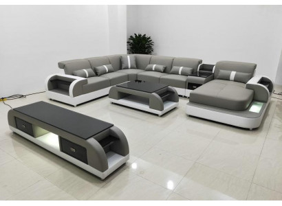 Garnitur Design Wohnlandschaft Ecksofa Sofa Couch U-Form Couchtisch Leder 2tlg