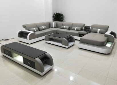 Garnitur Design Wohnlandschaft Ecksofa Sofa Couch U-Form Couchtisch Leder 2tlg