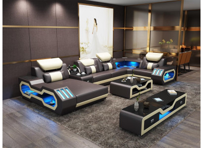 Ecksofa UForm Couchtisch Ledersofa Wohnlandschaft Designer Sofa 2tlg.Set led usb