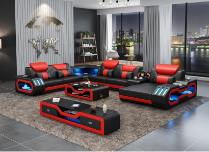 Wohnlandschaft Couch Polster Garnitur Sofa 3tlg. Set Couchtisch Sideboard Leder