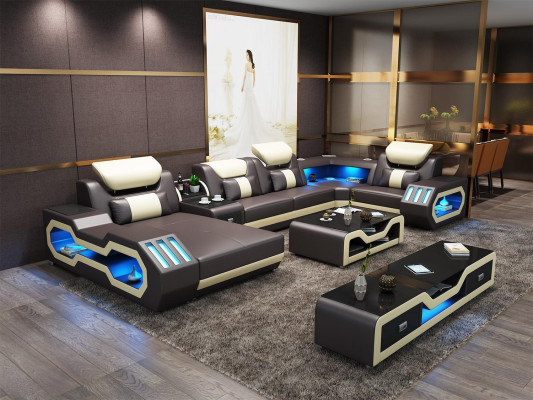 Moderne Design Wohnlandschaft Sofa Ecksofa Couch Polster rtv Couchtisch Leder