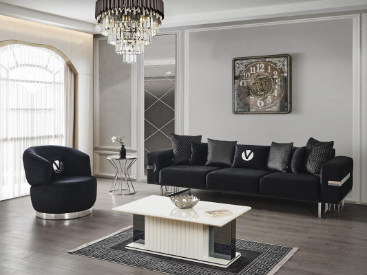 Modernes Wohnzimmer Set Schwarzes Sofa schwarzer Sessel Couchtisch neu