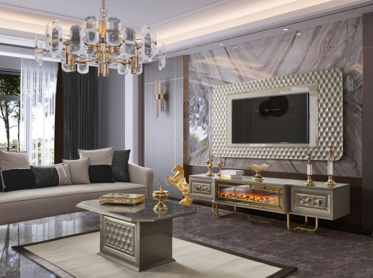 Luxus Wohnwand mit Kamin Fernseher Ständer tv Board Wand Wohnwände Sideboard