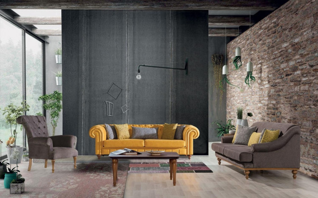 Chesterfield Couch Sofa Relax Stoff Lounge Luxus Polster Sessel Design Braun