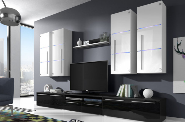 Hochglanz Wohnwand Schrankwand Wohnzimmer Schrank Vitrine Sideboard