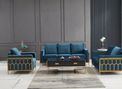 Blaue Edelstahl Sofagarnitur 3+2 Sitzer Polstercouchen Moderne Wohnzimmer Sofas