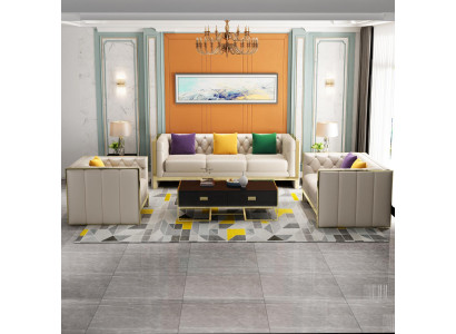 Beige Chesterfield Sofagarnitur 3+2 Sitzer Polstersofas Leder Wohnzimmer Garnitur