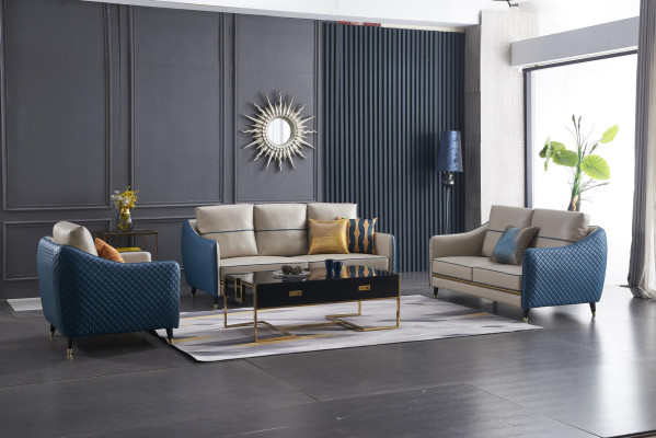 Blau-Beige Sofagarnitur 3+2 Ledersitzer Set Design Polstercouchen Deko Möbel