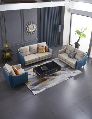 Blau-Beige Sofagarnitur 3+2 Ledersitzer Set Design Polstercouchen Deko Möbel